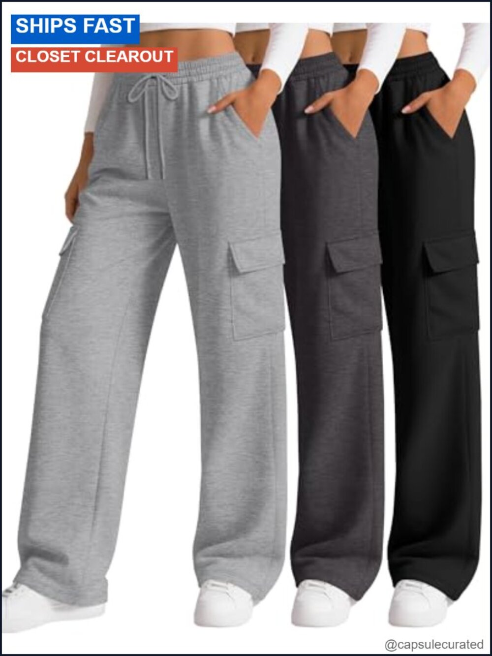 Women's 3 Pack Cargo Sweatpants Baggy Wide Leg Joggers with Pockets